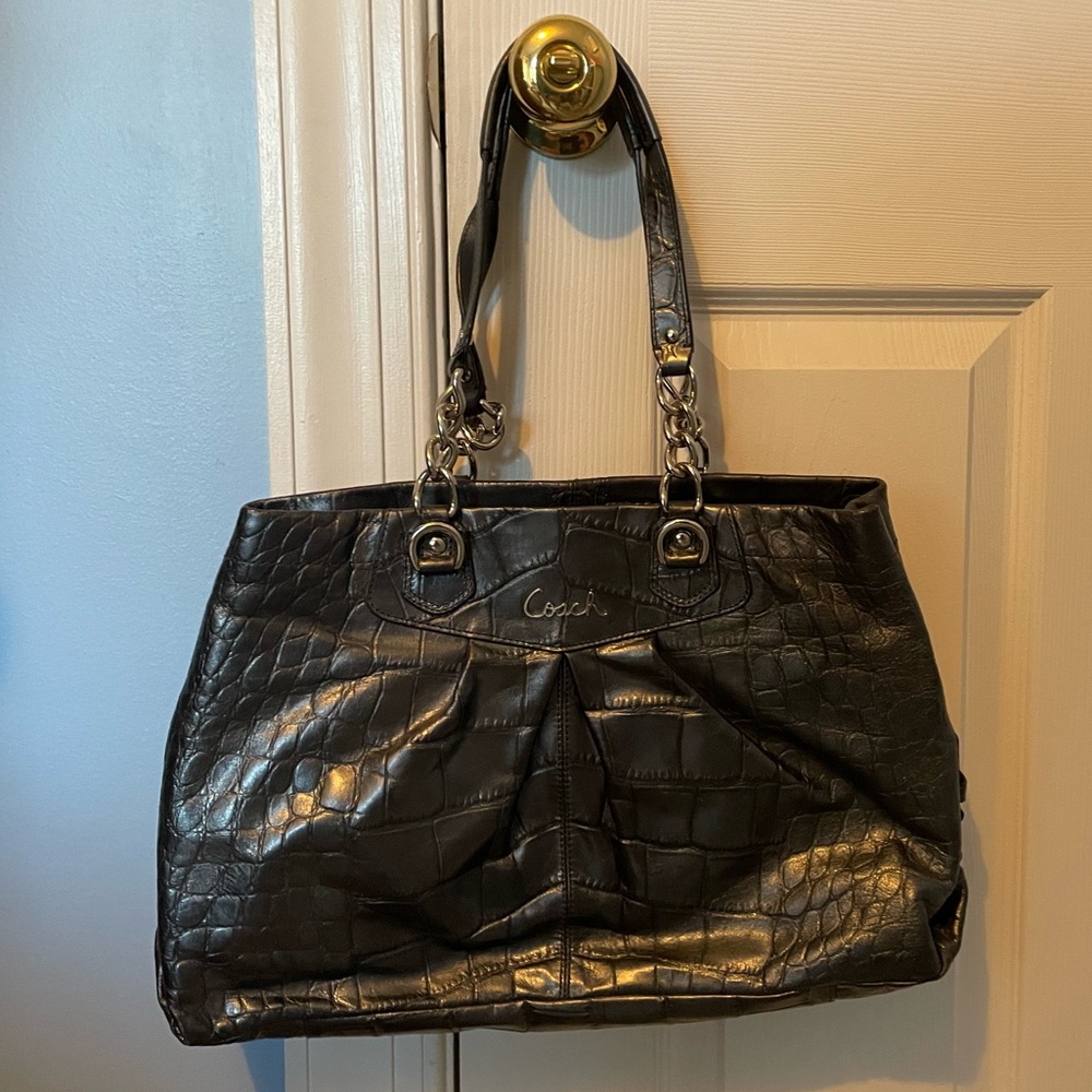 Coach Ashley Croc Embossed Leather Carry All Tote Bag with Chain Strap